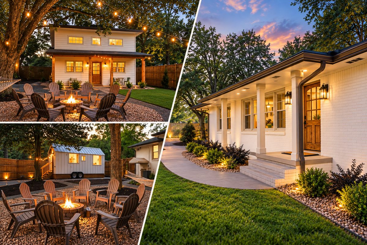 Four views of Crossing Collective at dusk: a home and its fire pit under string lights, the tiny home beside a second fire-pit circle of Adirondack chairs, and the white brick house with its lit porch and lawn
